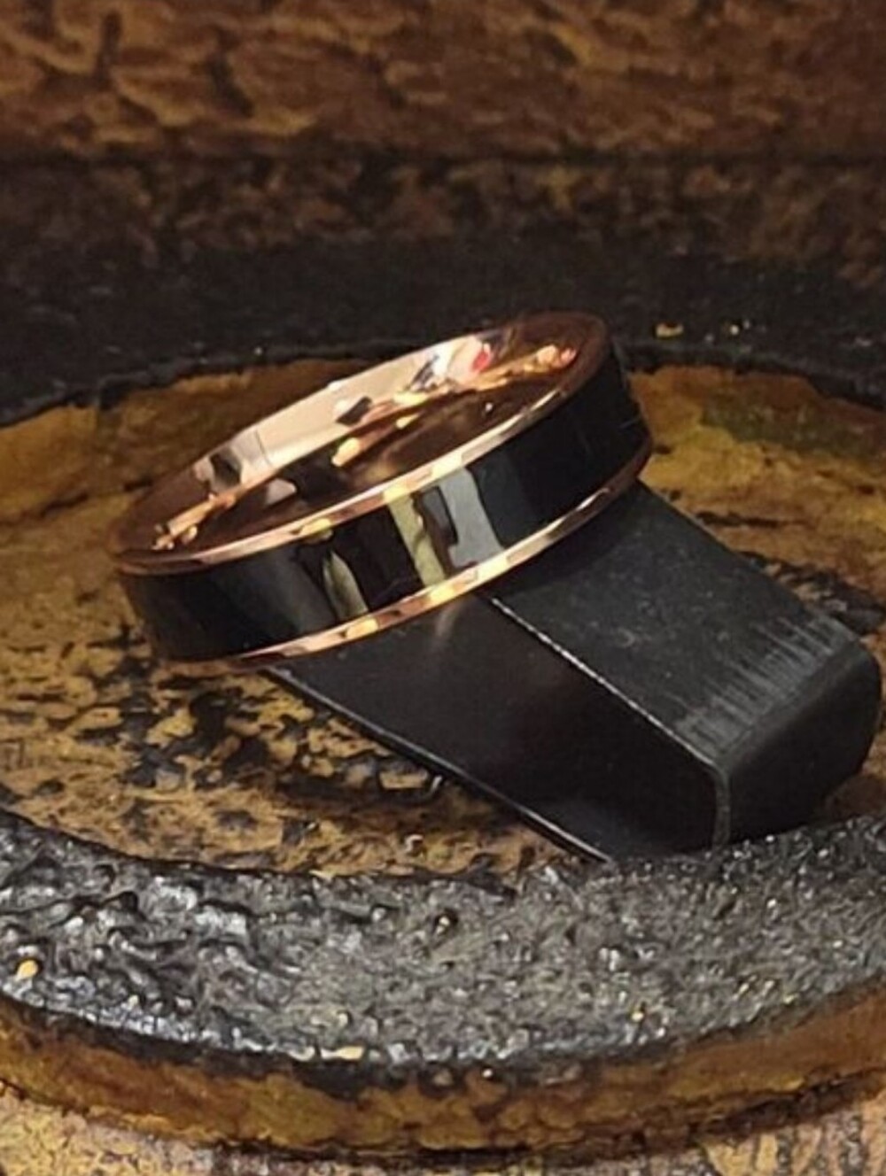Men's 14K Rose Gold Tungsten Ring Black Ceramic Inlay, Promise, Wedding Ring, 8